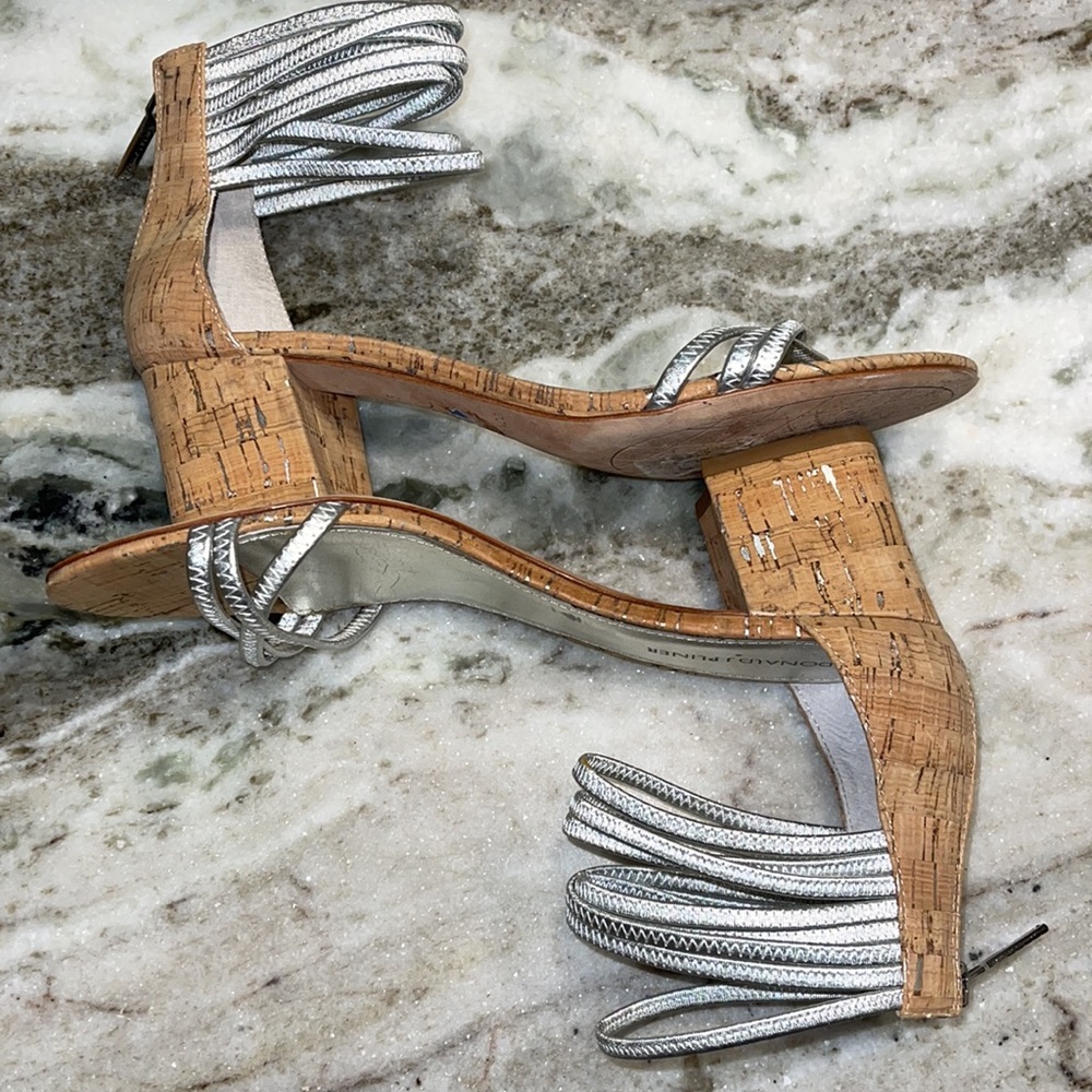 Donald J. Pliner Silver Strappy Cork Block Heel Sandals - Picture 6 of 11